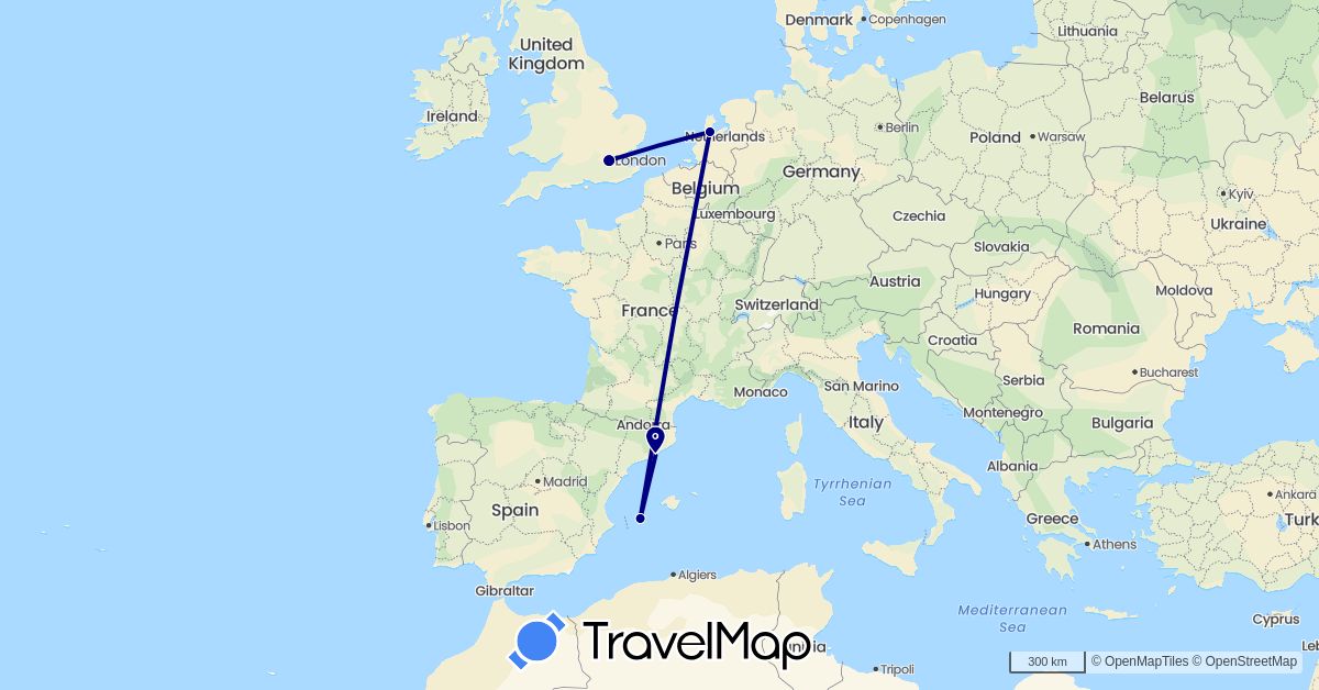 TravelMap itinerary: driving in Spain, United Kingdom, Netherlands (Europe)